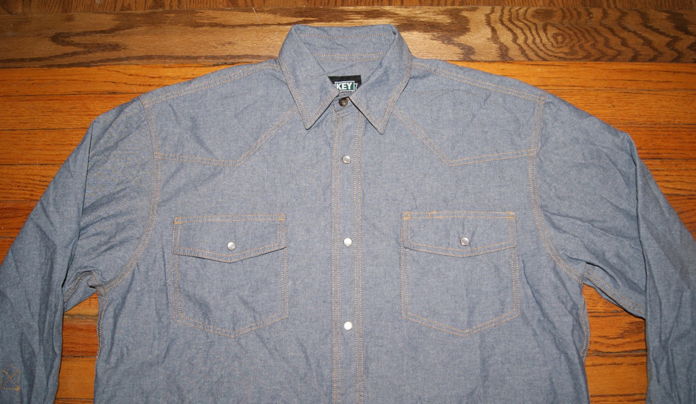 Key Shirt Mens Large Blue Denim Style Pearl Snap Western Long Sleeve Workwear